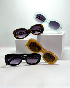 Óculos de Sol Feminino Slim com Haste em Correntaria em Metal Dourado Premium - Gloss Eyewear