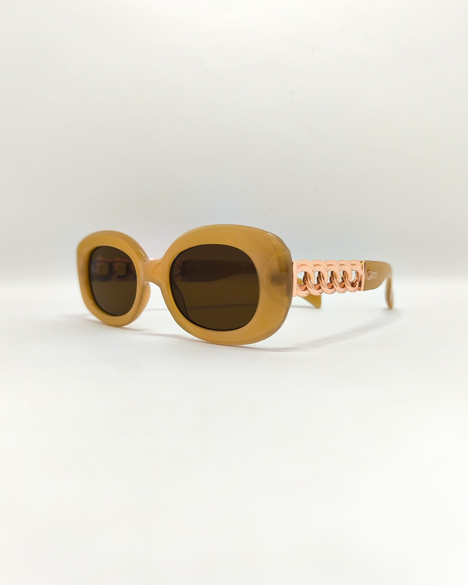 Óculos de Sol Feminino Slim com Haste em Correntaria em Metal Dourado Premium - Gloss Eyewear